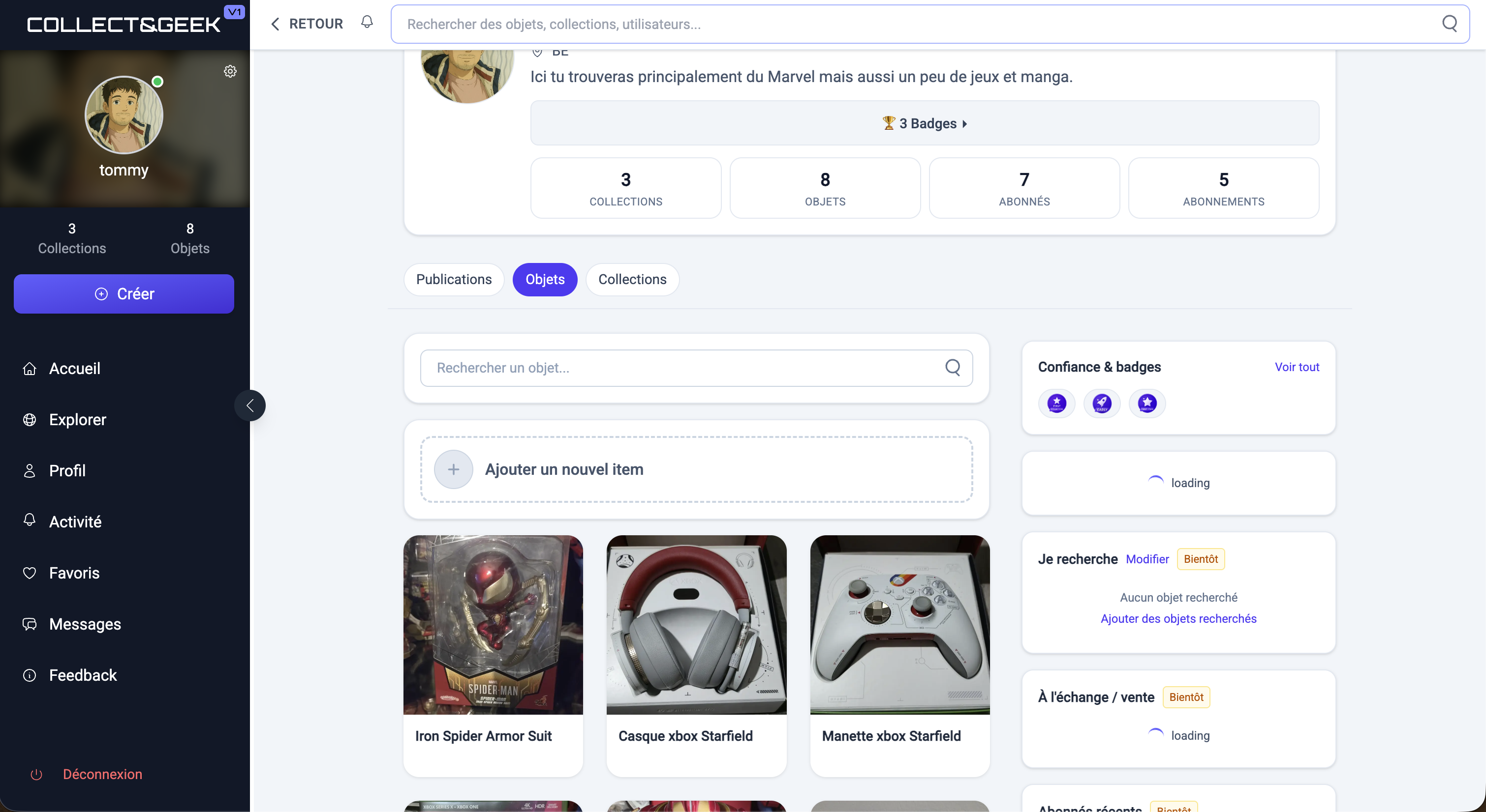 Aperçu desktop de Collect&Geek : fil d'actualité et collections