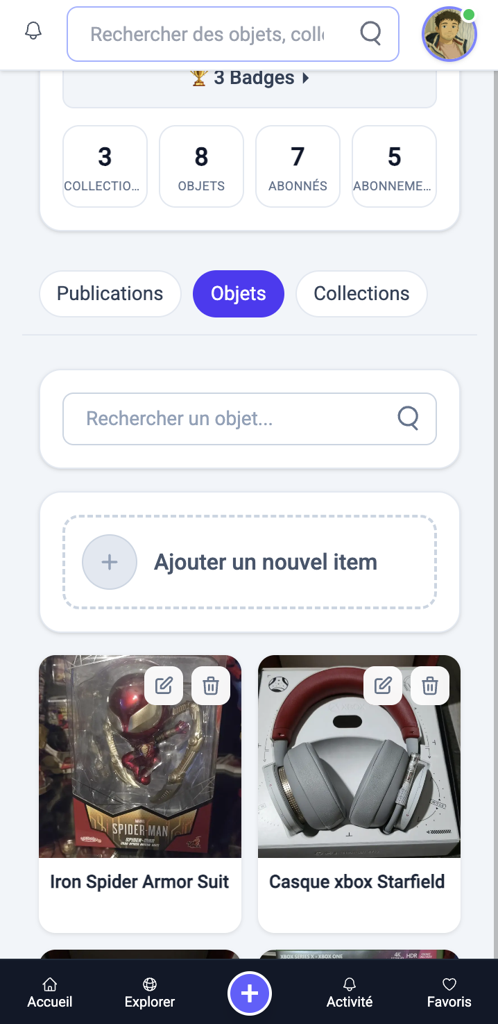 Aperçu mobile de Collect&Geek : profil et collections